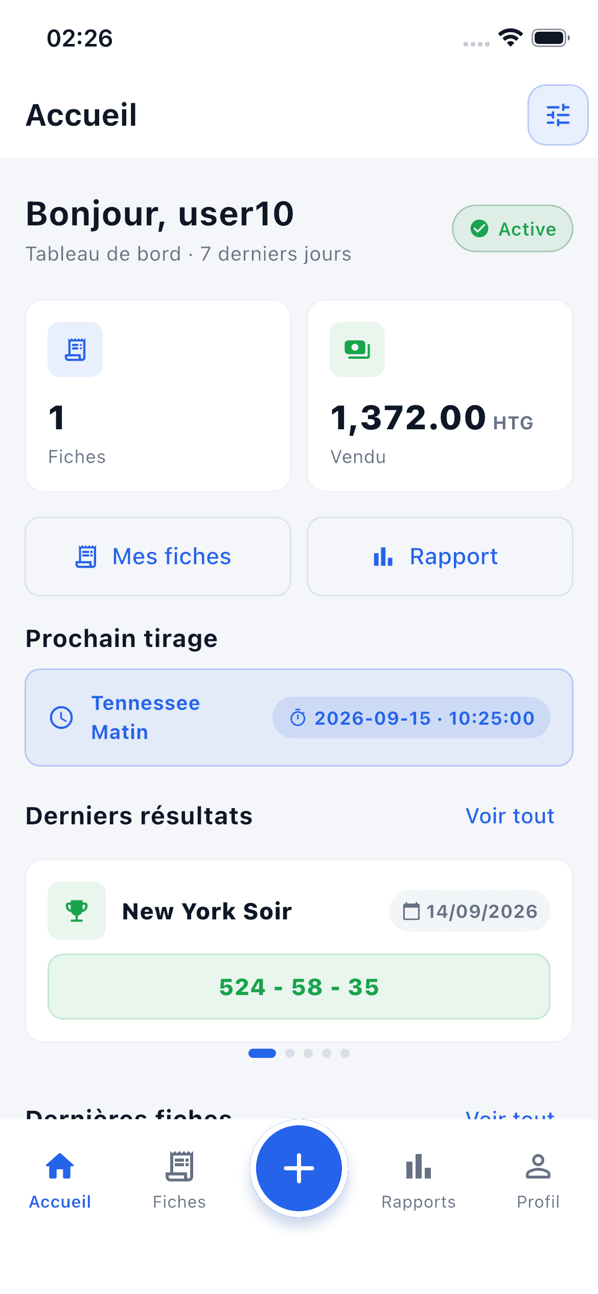 Accueil Lottix en français avec indicateurs d’activité et résultats des tirages.